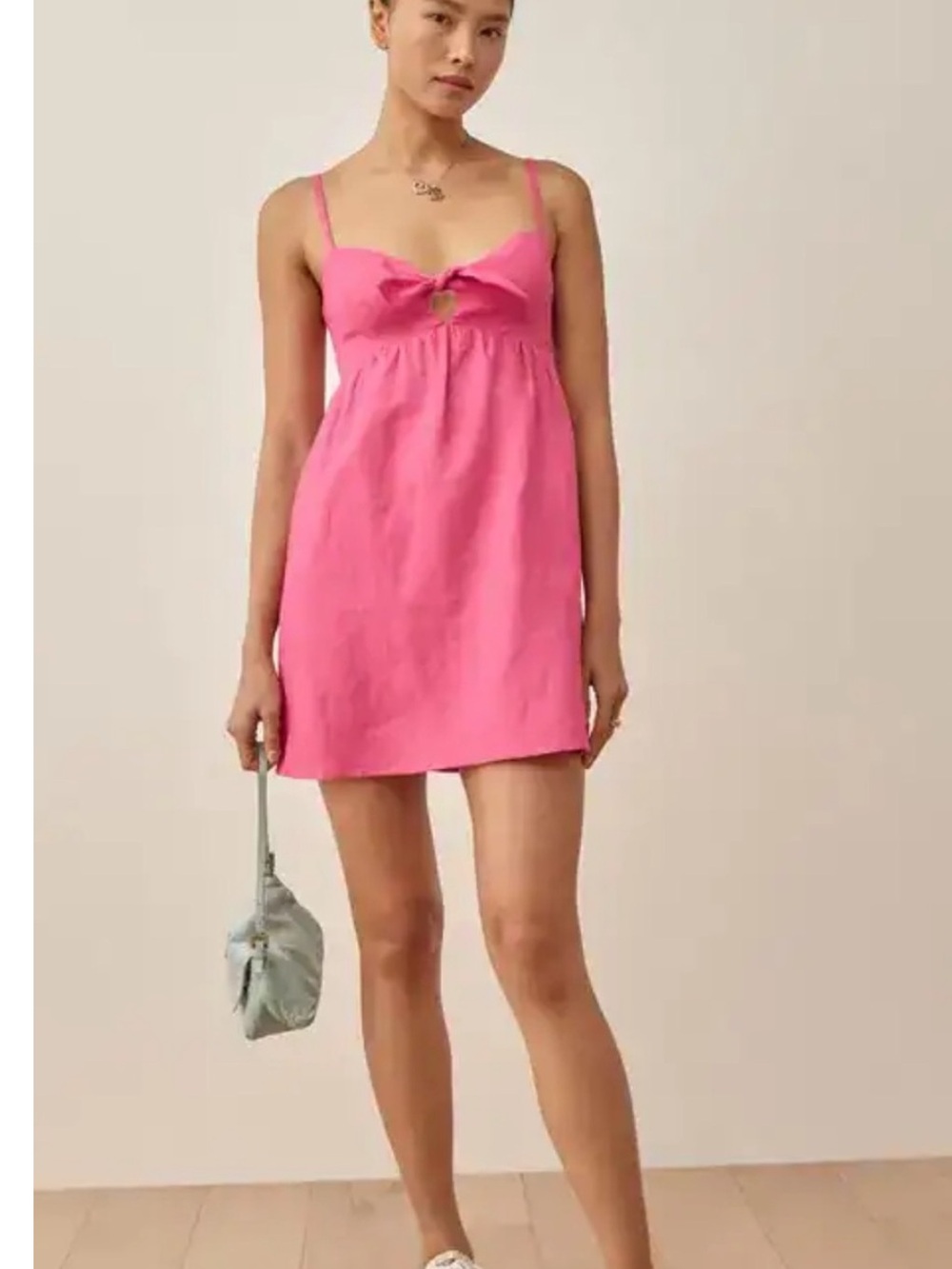 Reformation Mini Dress in Bright Rose Pink with Front Tie